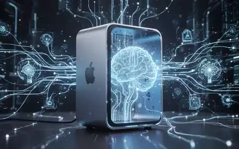 Ein leuchtender Mac Studio mit blauem Licht, verbunden mit abstrakten Datenlinien, symbolisiert KI und maschinelles Lernen. - Foto: über boerse-global.de
