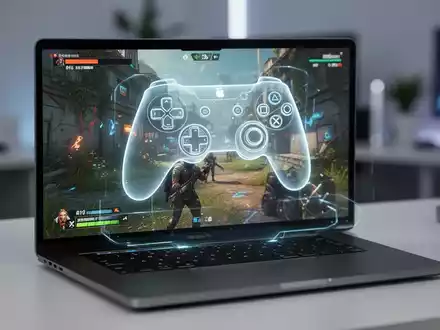 Ein MacBook Pro zeigt ein Videospiel, darüber schwebt eine durchscheinende Controller-Oberfläche. - Foto: über boerse-global.de