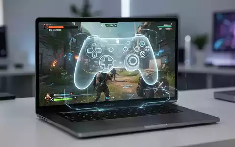 Ein MacBook Pro zeigt ein Videospiel, darüber schwebt eine durchscheinende Controller-Oberfläche. - Foto: über boerse-global.de