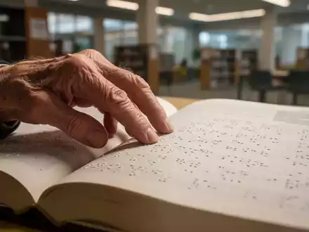 Eine ältere Hand berührt sanft die erhabenen Punkte eines grossen Braille-Buches, mit weichem, warmem Licht beleuchtet. - Foto: über boerse-global.de
