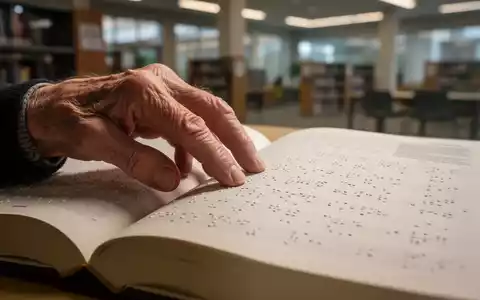 Eine ältere Hand berührt sanft die erhabenen Punkte eines grossen Braille-Buches, mit weichem, warmem Licht beleuchtet. - Foto: über boerse-global.de
