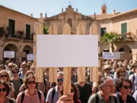 Nahaufnahme eines leeren Streikschildes vor einer verschwommenen Menschenmenge, die auf einem sonnigen Stadtplatz in Sóller protestiert. - Foto: über boerse-global.de