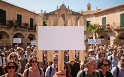 Nahaufnahme eines leeren Streikschildes vor einer verschwommenen Menschenmenge, die auf einem sonnigen Stadtplatz in Sóller protestiert. - Foto: über boerse-global.de