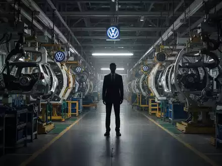 Ein dunkler, atmosphärischer Blick in eine Volkswagen-Fabrikhalle mit einer einzelnen, silhouettierten Person inmitten von Maschinen. - Foto: über boerse-global.de