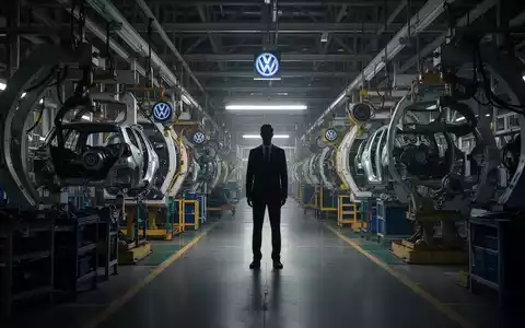 Ein dunkler, atmosphärischer Blick in eine Volkswagen-Fabrikhalle mit einer einzelnen, silhouettierten Person inmitten von Maschinen. - Foto: über boerse-global.de