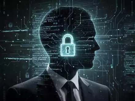 Digitale Silhouette eines CEO-Kopfes mit Code und Schloss-Symbol, symbolisiert KI-gesteuertes Phishing und Cybersicherheitsbedrohungen. - Foto: über boerse-global.de