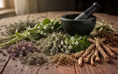 Getrocknete Heilkräuter und Wurzeln, darunter Polygonatum multiflorum und Myosoton aquaticum, auf einem Holztisch mit Mörser. - Foto: über boerse-global.de