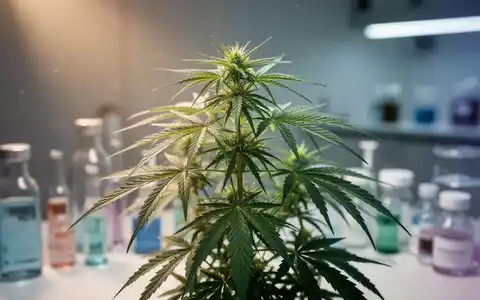 Eine Nahaufnahme einer medizinischen Cannabispflanze mit unscharfem Hintergrund, der eine Apotheke oder ein Labor andeutet. - Foto: über boerse-global.de