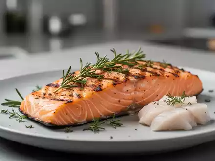 Ein perfekt gegrilltes Lachsfilet mit Kräutern und einem Stück Weißfisch auf einem modernen Teller. - Foto: über boerse-global.de