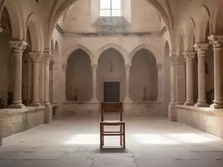 Ein minimalistischer Klostergang mit einem einzelnen Holzstuhl, der Ruhe und Besinnung ausstrahlt. - Foto: über boerse-global.de