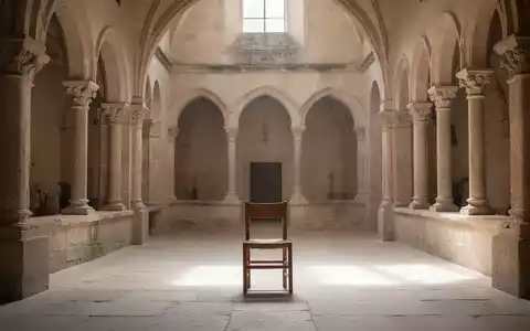 Ein minimalistischer Klostergang mit einem einzelnen Holzstuhl, der Ruhe und Besinnung ausstrahlt. - Foto: über boerse-global.de