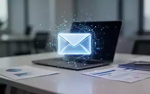 Ein abstraktes, leuchtendes KI-Symbol vor einem unscharfen Hintergrund eines aufgeräumten Bürotisches mit Laptop, symbolisiert intelligente E-Mail-Verwaltung. - Foto: über boerse-global.de