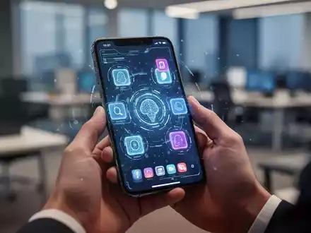 Nahaufnahme von Händen, die ein iPhone mit leuchtender, futuristischer Oberfläche halten, vor unscharfem professionellem Hintergrund. - Foto: über boerse-global.de