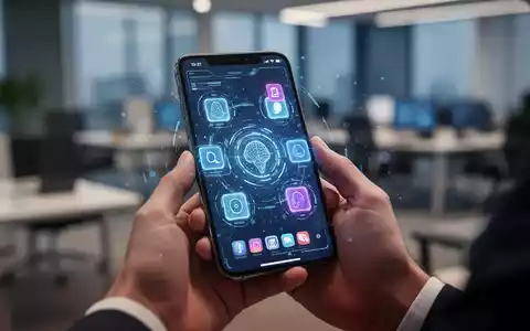 Nahaufnahme von Händen, die ein iPhone mit leuchtender, futuristischer Oberfläche halten, vor unscharfem professionellem Hintergrund. - Foto: über boerse-global.de