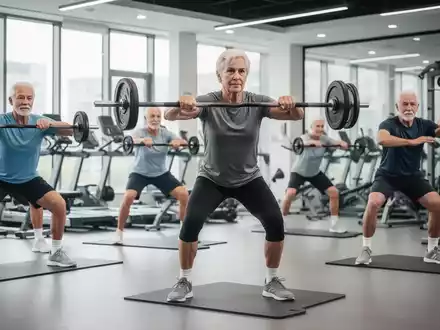 Eine Gruppe Erwachsener über 40 trainiert in einem modernen Fitnessstudio, führt Kraftübungen mit guter Form aus und nutzt minimale Ausrüstung. - Foto: über boerse-global.de