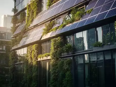 Eine moderne, nachhaltige GebĂ€udefassade mit Solarpanels und vertikalen GĂ€rten, die eine grĂŒne Stadtlandschaft widerspiegelt. - Foto: ĂŒber boerse-global.de