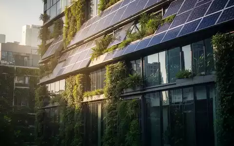 Eine moderne, nachhaltige Gebäudefassade mit Solarpanels und vertikalen Gärten, die eine grüne Stadtlandschaft widerspiegelt. - Foto: über boerse-global.de