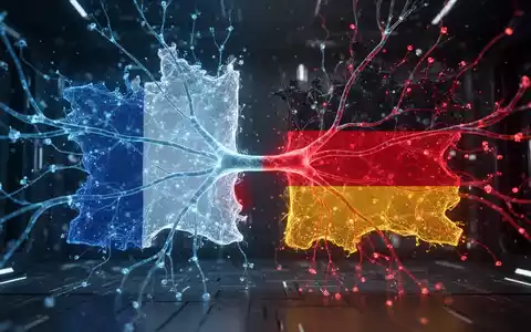Digitale Darstellung vernetzter neuronaler Netze, die die Flaggen Frankreichs und Deutschlands umreißen und KI-Zusammenarbeit symbolisieren. - Foto: über boerse-global.de