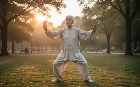 Eine ältere Person übt Tai Chi in einem ruhigen Park bei Sonnenaufgang, wobei der Schwerpunkt auf langsamen, kontrollierten Bewegungen liegt. - Foto: über boerse-global.de