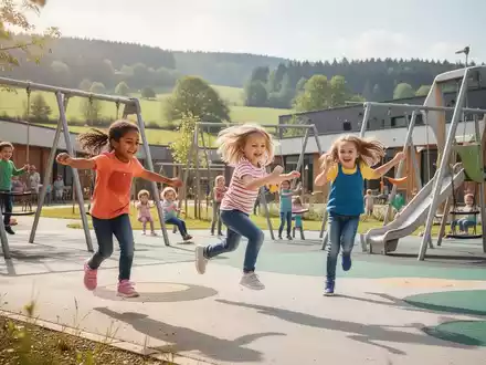 Lachende Kinder spielen ausgelassen auf einem modernen Spielplatz im Oberbergischen Kreis, umgeben von grüner Natur. - Foto: über boerse-global.de