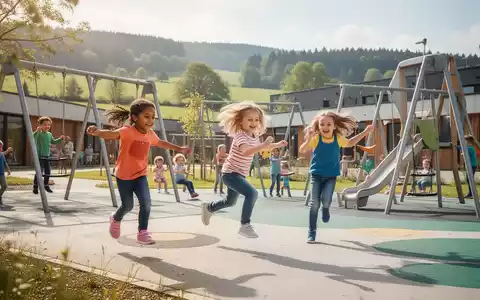 Lachende Kinder spielen ausgelassen auf einem modernen Spielplatz im Oberbergischen Kreis, umgeben von grüner Natur. - Foto: über boerse-global.de