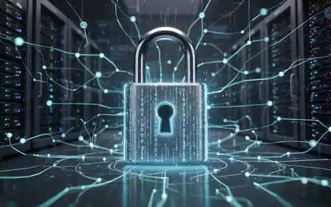 Leuchtendes digitales Vorhängeschloss mit Binärcode über Hintergrund aus verbundenen Servern und Datenströmen, symbolisiert Cybersicherheit. - Foto: über boerse-global.de