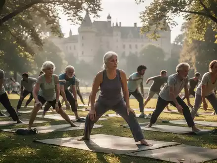 Eine vielfältige Gruppe von Menschen praktiziert Yoga im Freien in einem ruhigen Park mit einem Schloss im Hintergrund. - Foto: über boerse-global.de