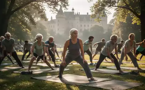 Eine vielfältige Gruppe von Menschen praktiziert Yoga im Freien in einem ruhigen Park mit einem Schloss im Hintergrund. - Foto: über boerse-global.de