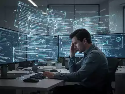 Eine überforderte Person vor mehreren leuchtenden Computerbildschirmen mit vielen E-Mail-Benachrichtigungen in einem dunklen, modernen Büro. - Foto: über boerse-global.de