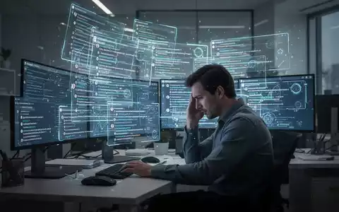Eine überforderte Person vor mehreren leuchtenden Computerbildschirmen mit vielen E-Mail-Benachrichtigungen in einem dunklen, modernen Büro. - Foto: über boerse-global.de