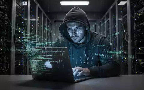 Verschwommene Gestalt in Kapuzenjacke arbeitet an Laptop in dunklem Serverraum, digitaler Code spiegelt sich im Gesicht. - Foto: über boerse-global.de
