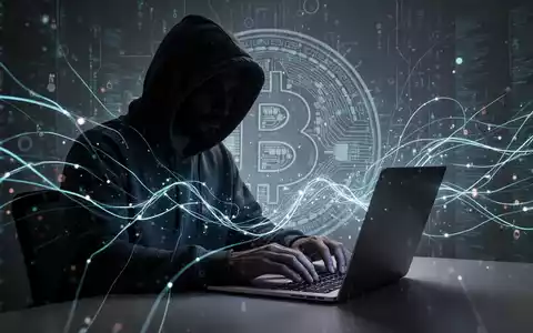 Person in Kapuzenjacke tippt auf Laptop, umgeben von abstrakten digitalen Linien und einem dezenten Kryptowährungssymbol. - Foto: über boerse-global.de