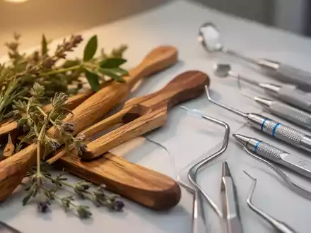 Nahaufnahme von zahnmedizinischen Instrumenten neben Naturmaterialien, die eine Mischung aus moderner und naturheilkundlicher Zahnmedizin darstellen. - Foto: ĂŒber boerse-global.de