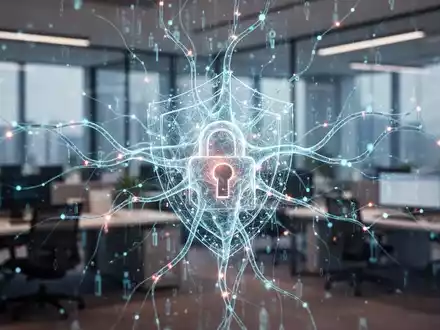 Eine stilisierte, leuchtende neuronale Netzvisualisierung über einem unscharfen modernen Büro, das Datenschutz und KI-Herausforderungen symbolisiert. - Foto: über boerse-global.de