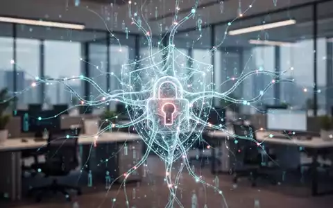 Eine stilisierte, leuchtende neuronale Netzvisualisierung über einem unscharfen modernen Büro, das Datenschutz und KI-Herausforderungen symbolisiert. - Foto: über boerse-global.de