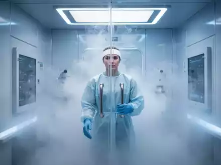 Eine Person steht in einer modernen Kryotherapie-Kammer, umgeben von kaltem Nebel und blauem Licht, mit Schutzkleidung an. - Foto: über boerse-global.de
