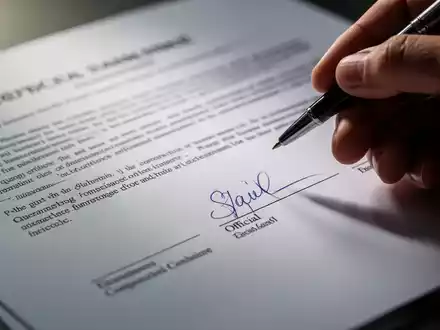 Nahaufnahme eines juristischen Dokuments oder Vertrags, teilweise von einer Hand mit einem Stift verdeckt, das Compliance symbolisiert. - Foto: über boerse-global.de