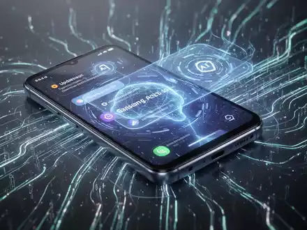 Moderner Smartphone-Bildschirm mit futuristischem Interface, Icons für Updates und KI-Funktionen, vor unscharfem digitalem Hintergrund. - Foto: über boerse-global.de