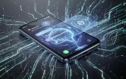 Moderner Smartphone-Bildschirm mit futuristischem Interface, Icons für Updates und KI-Funktionen, vor unscharfem digitalem Hintergrund. - Foto: über boerse-global.de