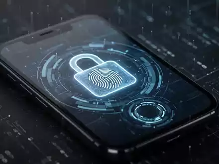 Nahaufnahme eines Smartphone-Bildschirms mit leuchtendem digitalem Vorhängeschloss und Fingerabdruck-Symbol für verbesserte mobile Sicherheit. - Foto: über boerse-global.de
