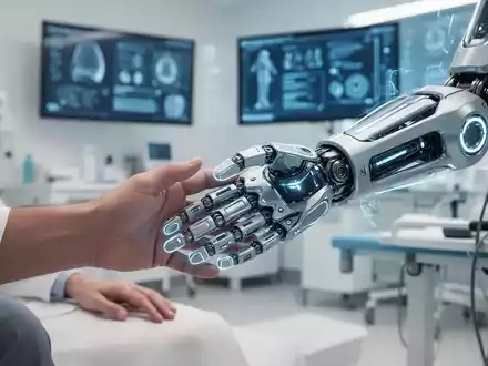 Eine Hand interagiert mit einem hochmodernen robotischen Therapiegerät in einer Rehabilitationsklinik, symbolisierend digitale Fortschritte in der Ergotherapie. - Foto: über boerse-global.de