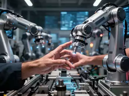 Eine menschliche Hand interagiert mit einem modernen Roboterarm auf einer Fertigungsstraße, symbolisiert Maschinensicherheit und Qualifizierung. - Foto: über boerse-global.de