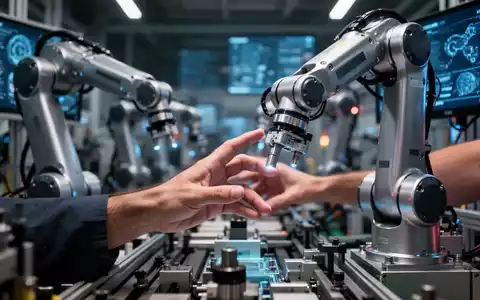 Eine menschliche Hand interagiert mit einem modernen Roboterarm auf einer Fertigungsstraße, symbolisiert Maschinensicherheit und Qualifizierung. - Foto: über boerse-global.de