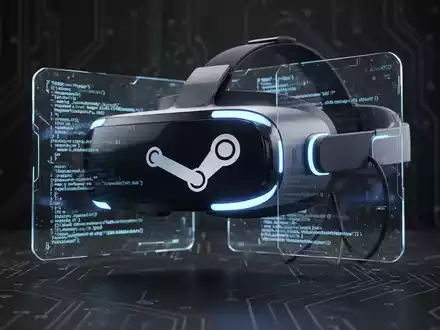 Schlankes, futuristisches VR-Headset mit blauen Leuchten, verbunden mit holografischem Display, das Code und Steam-Logo zeigt. - Foto: über boerse-global.de