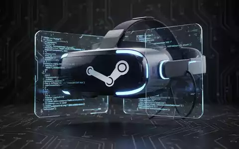 Schlankes, futuristisches VR-Headset mit blauen Leuchten, verbunden mit holografischem Display, das Code und Steam-Logo zeigt. - Foto: über boerse-global.de