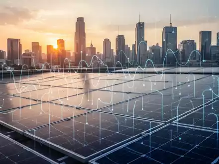 Nahaufnahme von Solarmodulen auf einem Dach mit verschwommenem Stadtbild im Hintergrund bei Sonnenuntergang. - Foto: über boerse-global.de