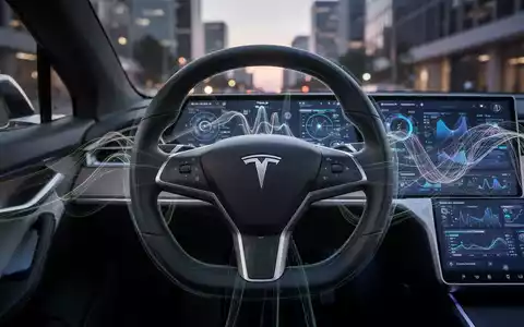 Futuristisches Tesla-Lenkrad mit digitalen Displays, die Daten und KI-Pfade zeigen, im Hintergrund eine verschwommene Stadtstraße. - Foto: über boerse-global.de