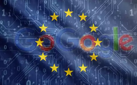 Digitale EU-Flagge mit Binärcode und Schaltkreismustern, dezent Google-Logo-Elemente im Hintergrund. - Foto: über boerse-global.de