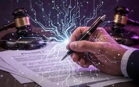 Menschliche Hand hält Stift, verflochten mit leuchtender KI-Schaltung und Rechtsdokumenten, symbolisiert KI-Urheberrecht und menschliche Beteiligung. - Foto: über boerse-global.de