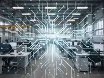Ein stilisiertes neuronales Netz über einer modernen deutschen Fabrikhalle, das KI-Integration im Mittelstand symbolisiert. - Foto: über boerse-global.de